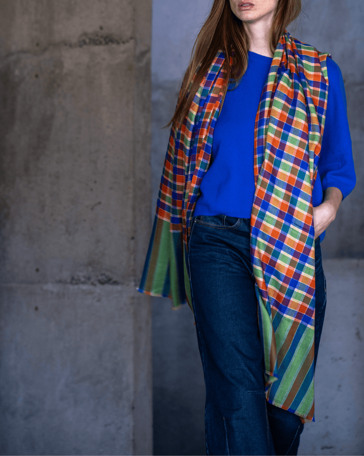 xale CASHMERE Tartan verde, laranja e azul
