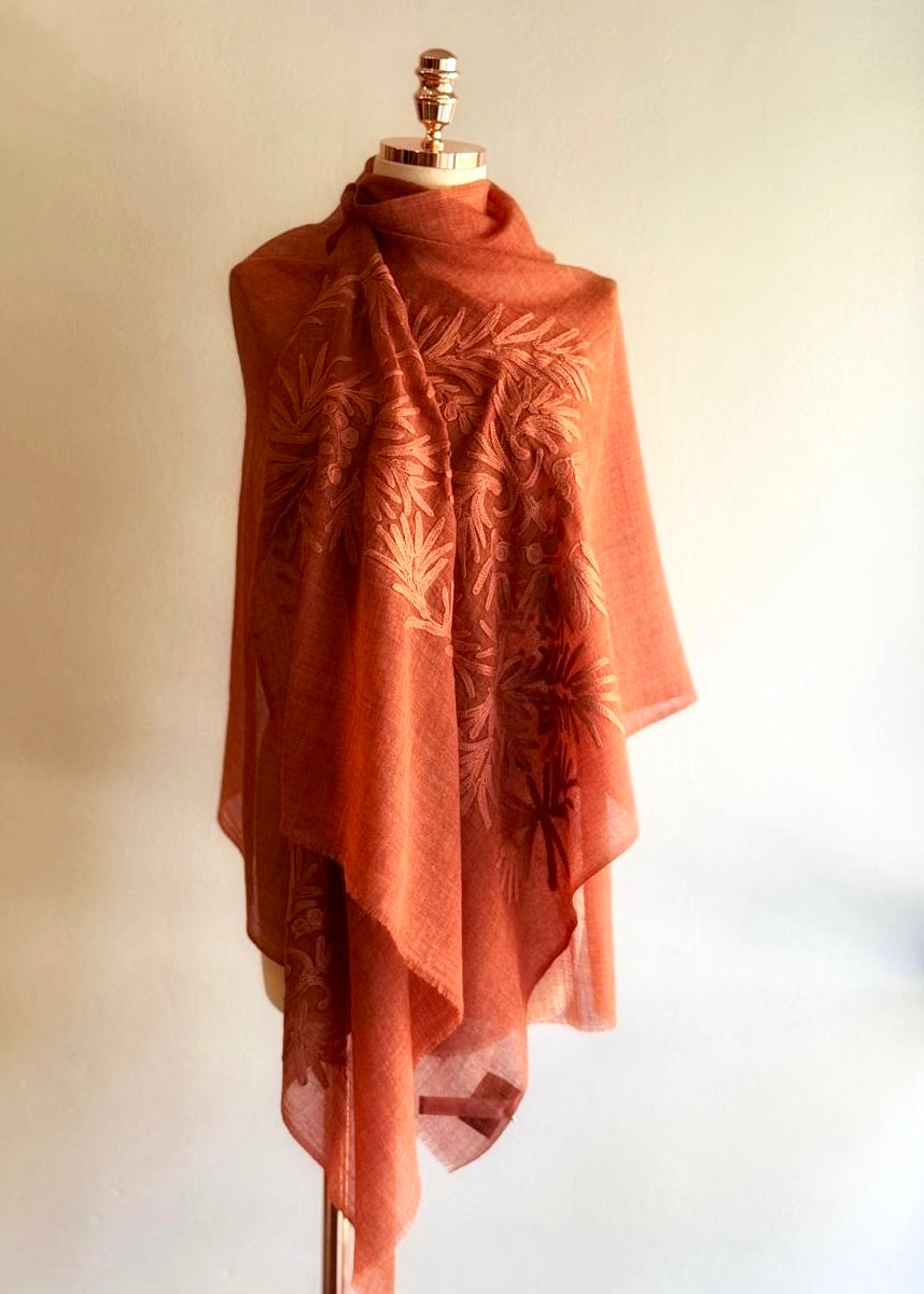 Xale gaze lã ORGANIC Bordado telha