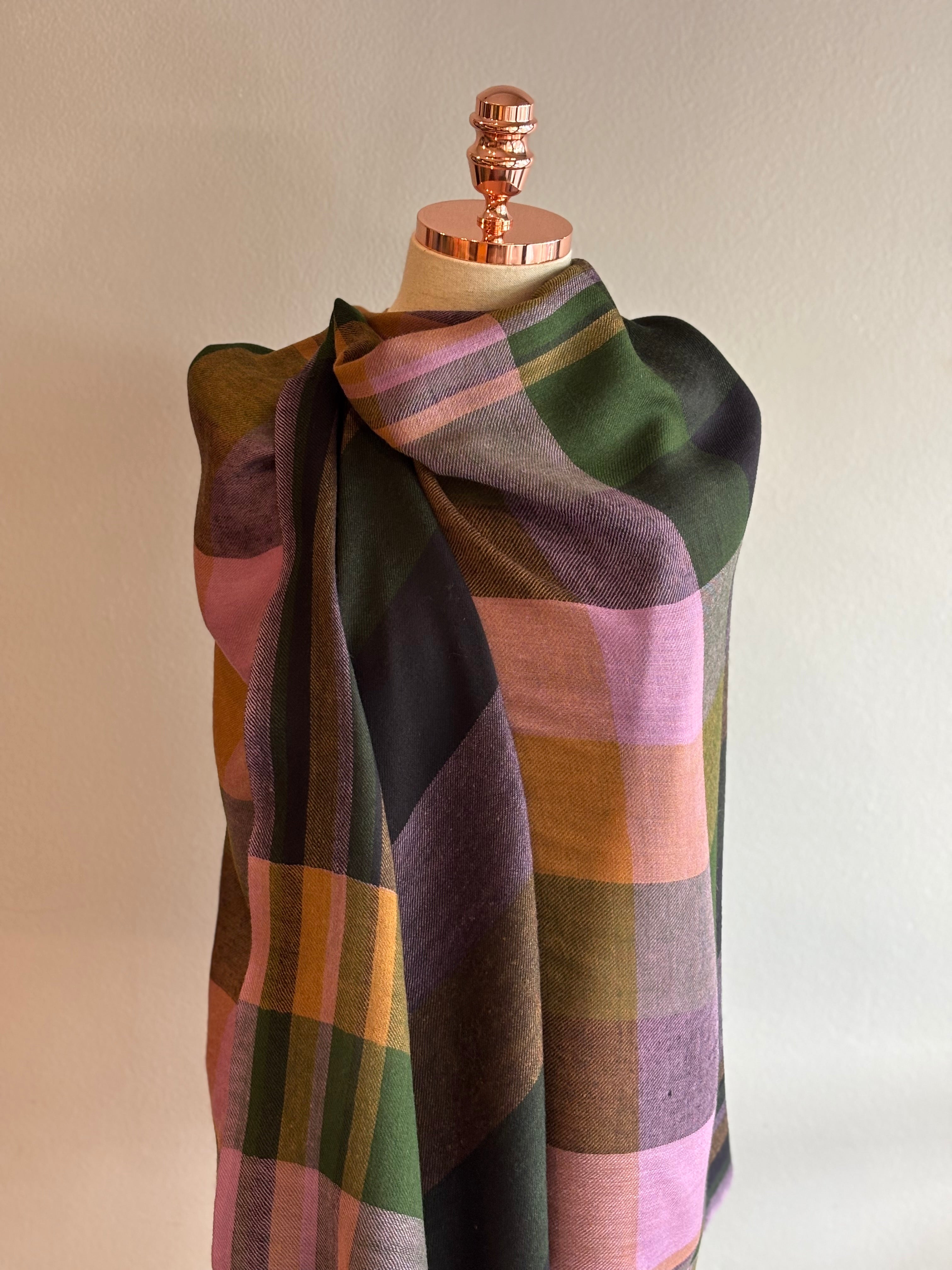 Xale merino KILT verde/rosa